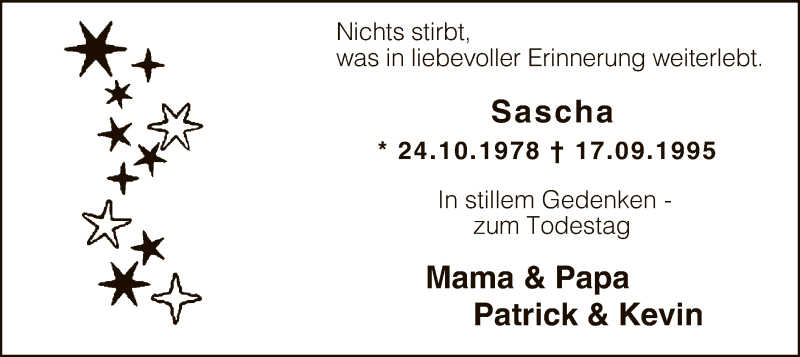  Traueranzeige für Sascha Lux vom 18.09.2017 aus MZV