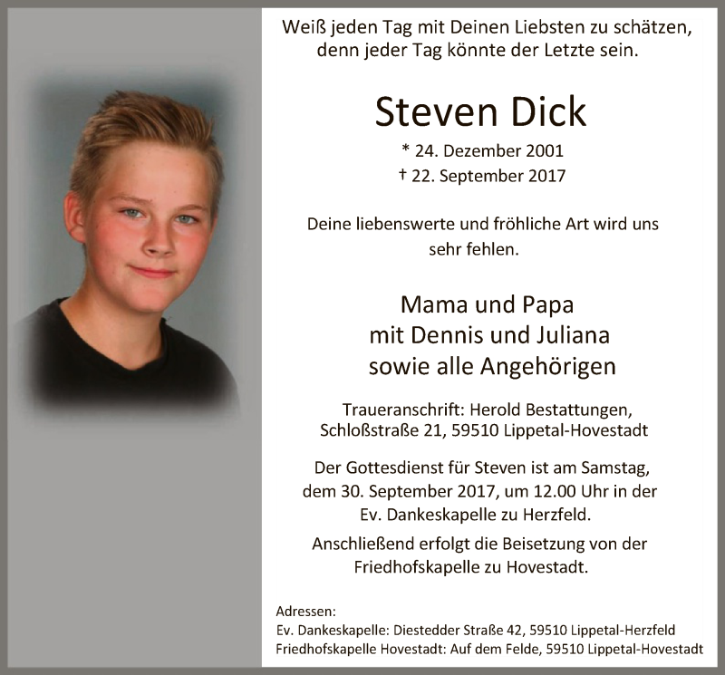  Traueranzeige für Steven Dick vom 29.09.2017 aus MZV