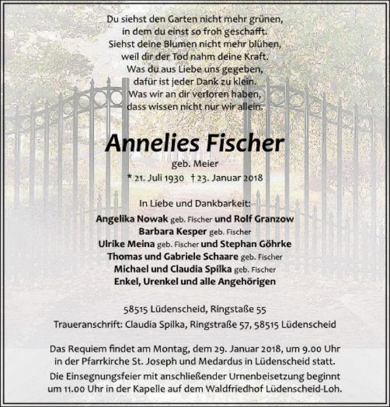  Traueranzeige für Annelies Fischer vom 25.01.2018 aus MZV