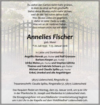Traueranzeige von Annelies Fischer von MZV