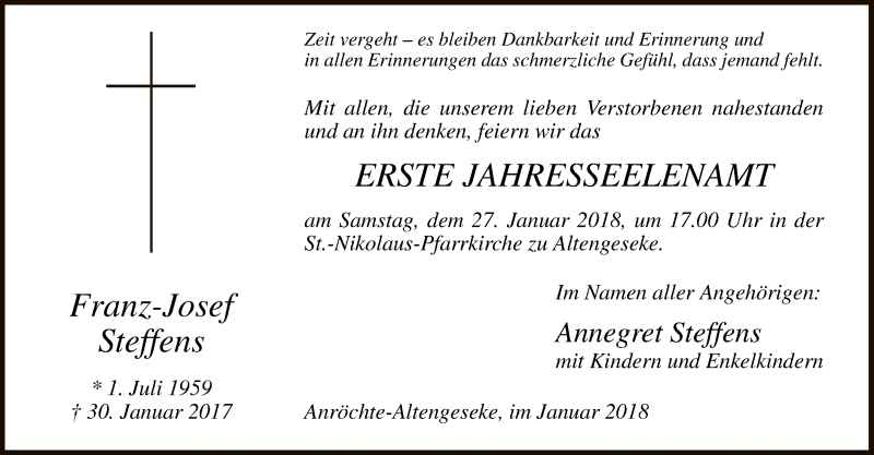  Traueranzeige für Franz-Josef Steffens vom 20.01.2018 aus MZV