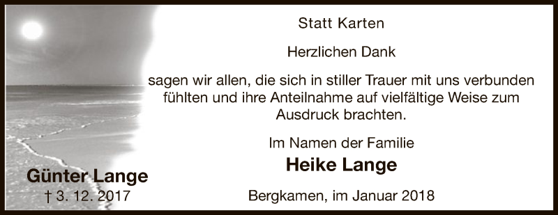  Traueranzeige für Günter Lange vom 13.01.2018 aus MZV