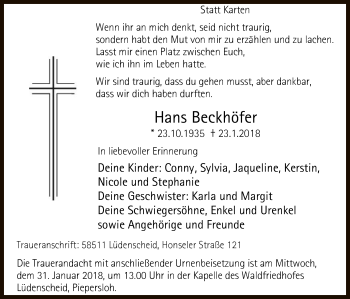 Traueranzeige von Hans Beckhöfer von MZV