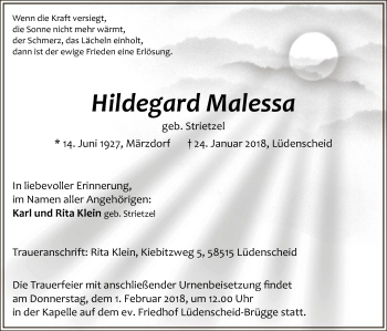 Traueranzeige von Hildegard Malessa von MZV