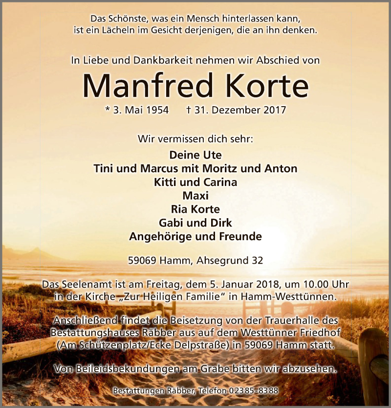  Traueranzeige für Manfred Korte vom 03.01.2018 aus MZV
