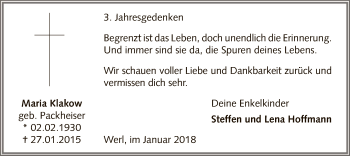 Traueranzeige von Maria Klakow von MZV