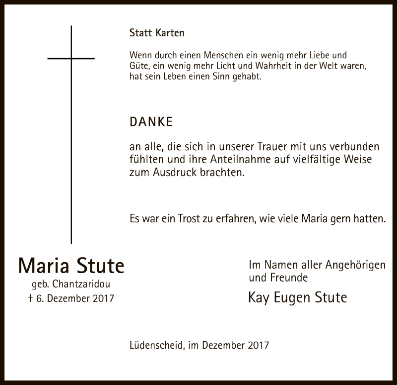  Traueranzeige für Maria Stute vom 30.12.2017 aus MZV