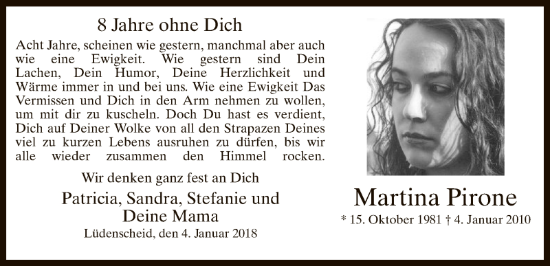  Traueranzeige für Martina Pirone vom 04.01.2018 aus MZV