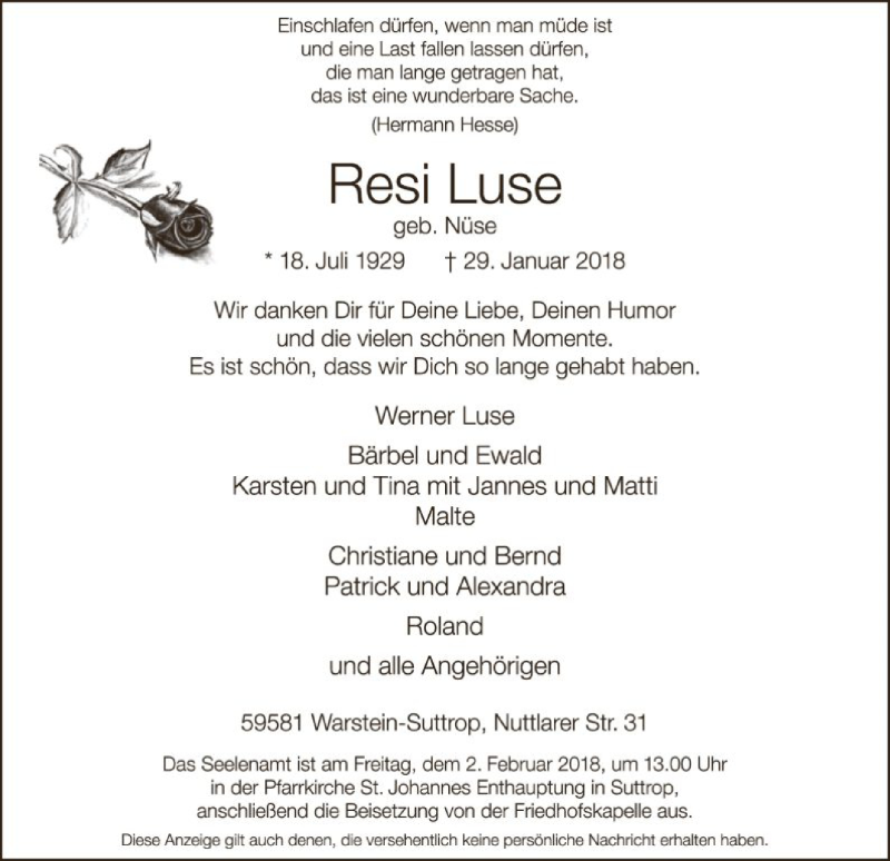  Traueranzeige für Resi Luse vom 31.01.2018 aus MZV