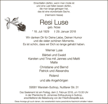 Traueranzeige von Resi Luse von MZV