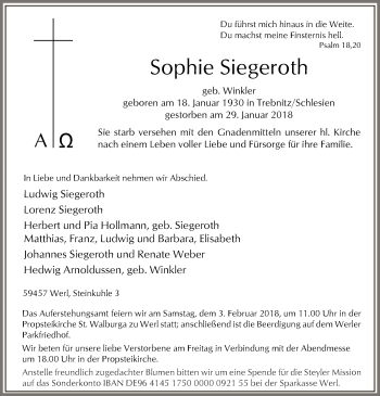 Traueranzeige von Sophie Siegeroth von MZV