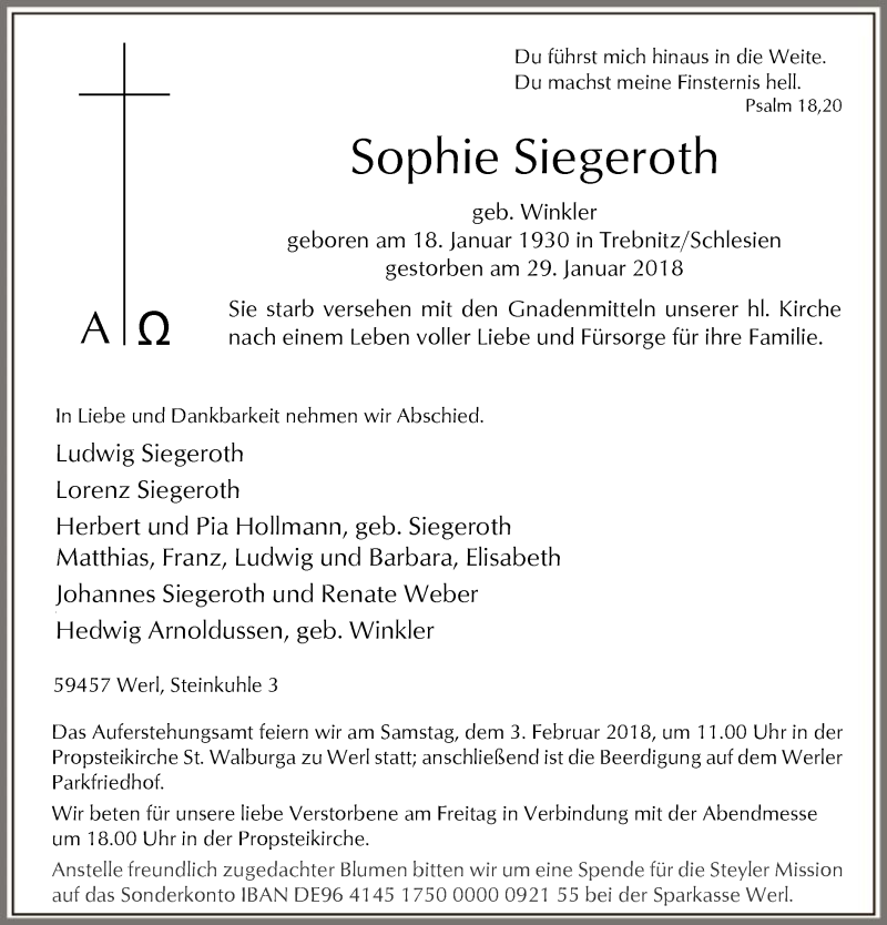  Traueranzeige für Sophie Siegeroth vom 31.01.2018 aus MZV