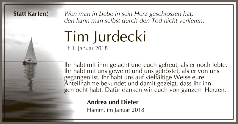  Traueranzeige für Tim Jurdecki vom 27.01.2018 aus MZV