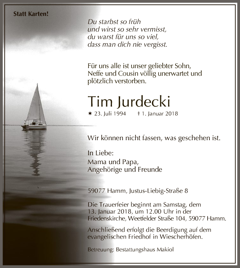  Traueranzeige für Tim Jurdecki vom 06.01.2018 aus MZV