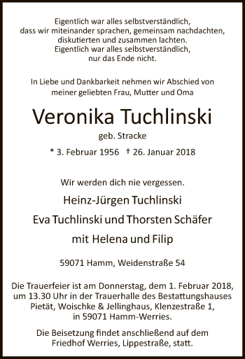Traueranzeige von Veronika Tuchlinski von MZV