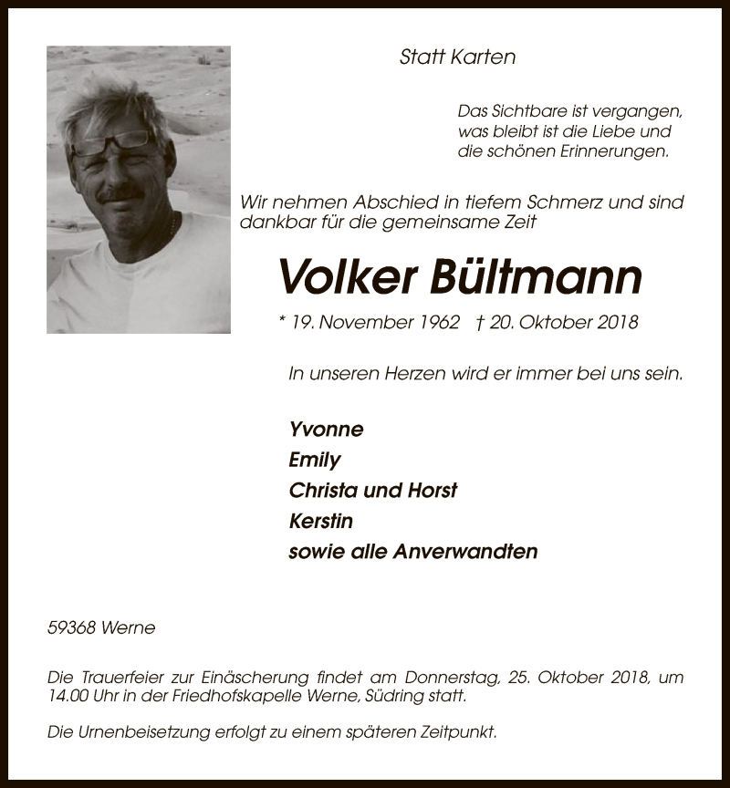  Traueranzeige für Volker Bültmann vom 23.10.2018 aus MZV