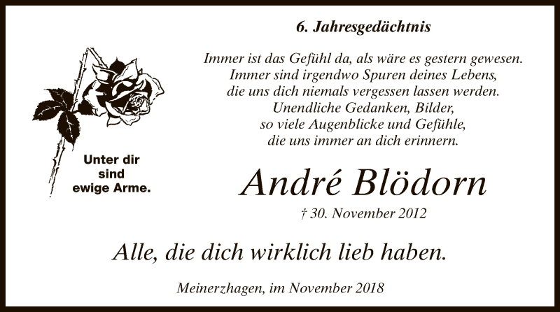  Traueranzeige für Andre Blödorn vom 30.11.2018 aus MZV