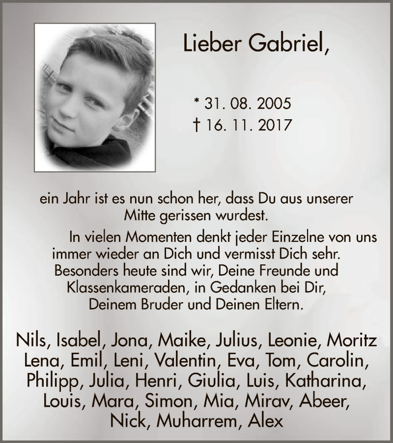  Traueranzeige für Gabriel Graf vom 16.11.2018 aus MZV