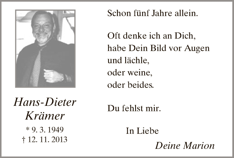  Traueranzeige für Hans-Dieter Krämer vom 12.11.2018 aus MZV