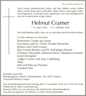 Traueranzeige von Helmut Cramer von MZV