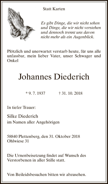 Traueranzeige von Johannes Diederich von MZV