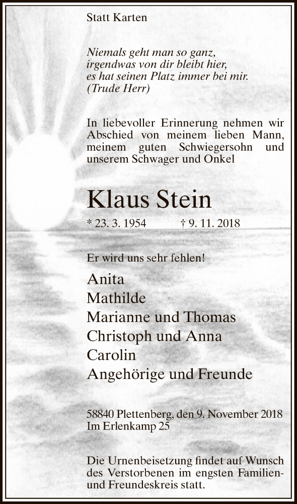  Traueranzeige für Klaus Stein vom 14.11.2018 aus MZV