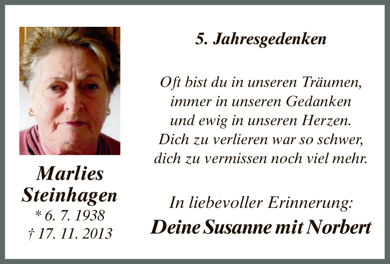  Traueranzeige für Marlies Steinhagen vom 17.11.2018 aus MZV