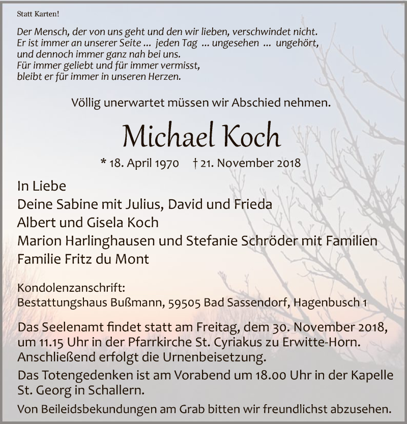  Traueranzeige für Michael Koch vom 27.11.2018 aus MZV