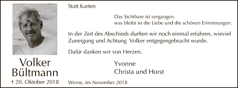  Traueranzeige für Volker Bültmann vom 24.11.2018 aus MZV