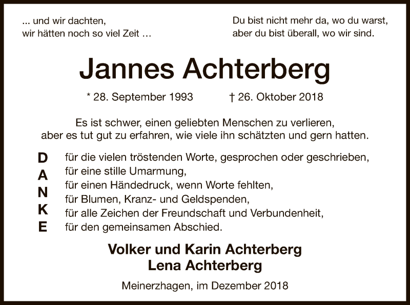  Traueranzeige für Jannes Achterberg vom 18.12.2018 aus MZV