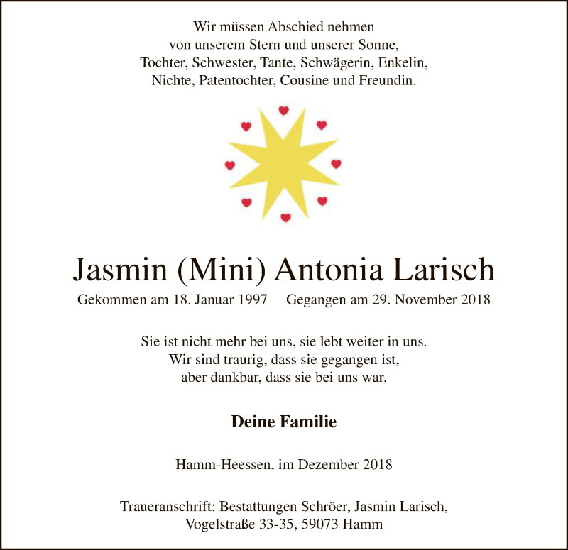  Traueranzeige für Jasmin Mini Antonia Larisch vom 05.12.2018 aus MZV