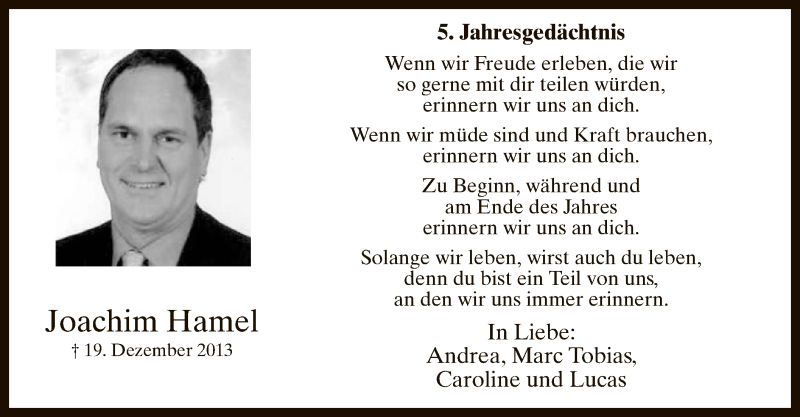  Traueranzeige für Joachim Hamel vom 19.12.2018 aus MZV