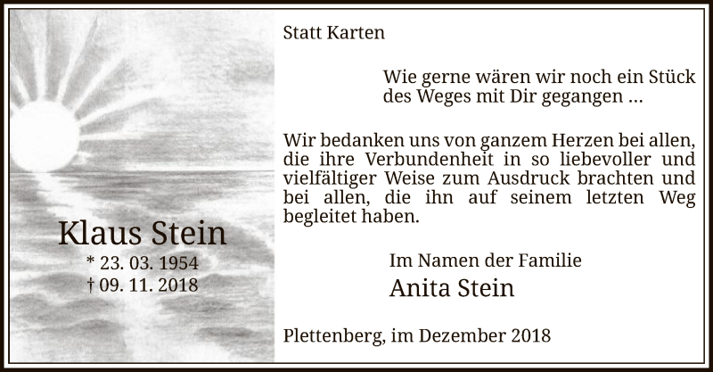  Traueranzeige für Klaus Stein vom 19.12.2018 aus MZV