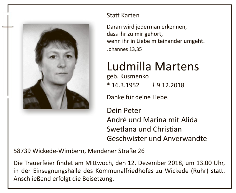  Traueranzeige für Ludmilla Martens vom 11.12.2018 aus MZV