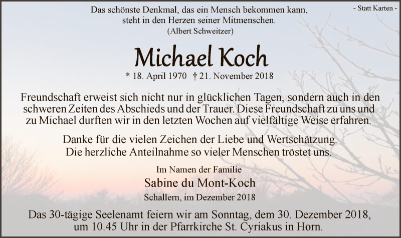  Traueranzeige für Michael Koch vom 20.12.2018 aus MZV