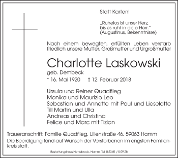 Traueranzeige von Charlotte Laskowski von HAMM