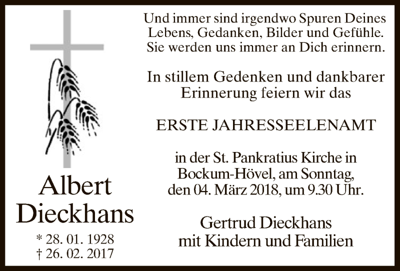  Traueranzeige für Albert Dieckhans vom 28.02.2018 aus MZV