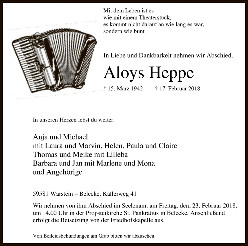  Traueranzeige für Aloys Heppe vom 20.02.2018 aus MZV