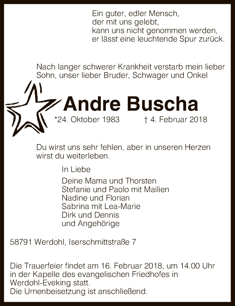  Traueranzeige für Andre Buscha vom 10.02.2018 aus MZV