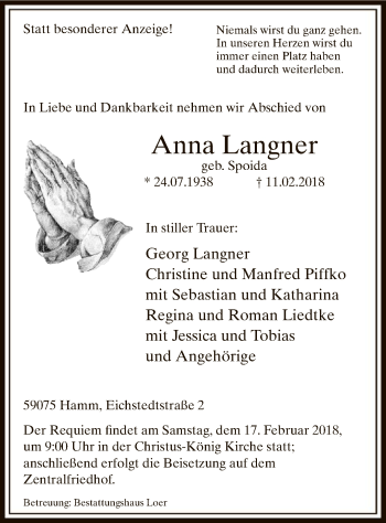Traueranzeige von Anna Langner von MZV