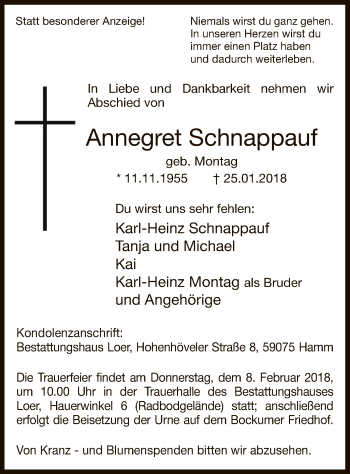 Traueranzeige von Annegret Schnappauf von MZV