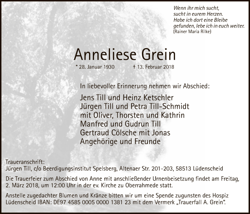  Traueranzeige für Anneliese Grein vom 17.02.2018 aus MZV