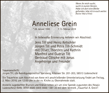 Traueranzeige von Anneliese Grein von MZV