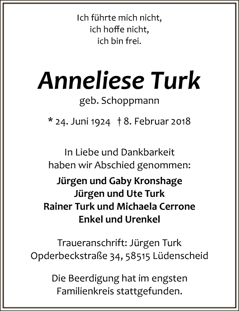  Traueranzeige für Anneliese Turk vom 17.02.2018 aus MZV