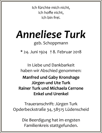 Traueranzeige von Anneliese Turk von MZV