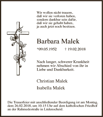 Traueranzeige von Barbara Malek von MZV