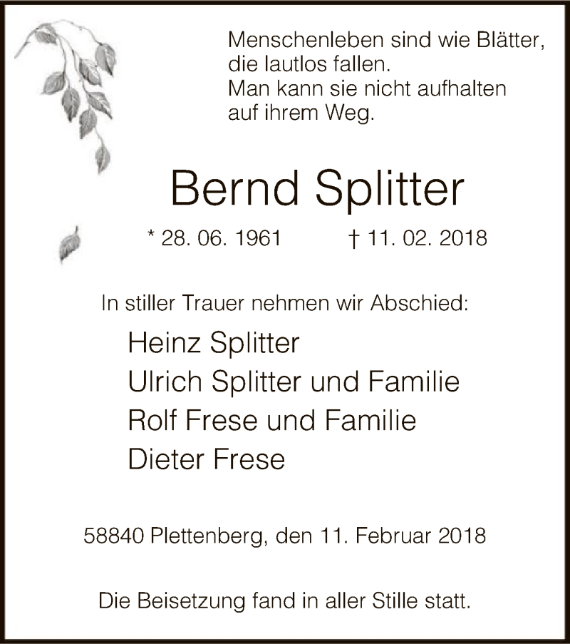  Traueranzeige für Bernd Splitter vom 17.02.2018 aus MZV