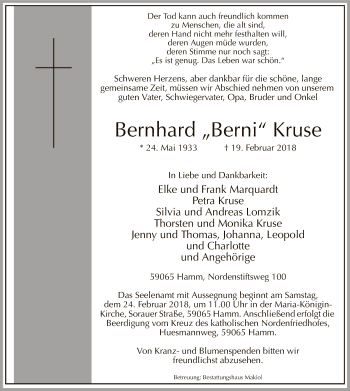 Traueranzeige von Bernhard Kruse von MZV