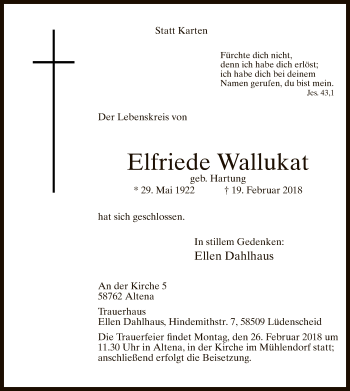 Traueranzeige von Elfriede Wallukat von MZV