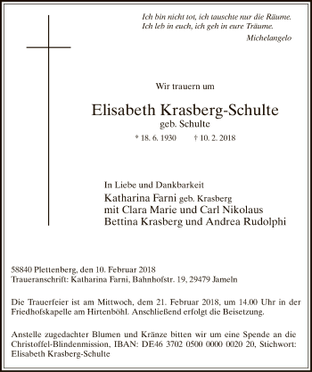 Traueranzeige von Elisabeth Krasberg-Schulte von MZV
